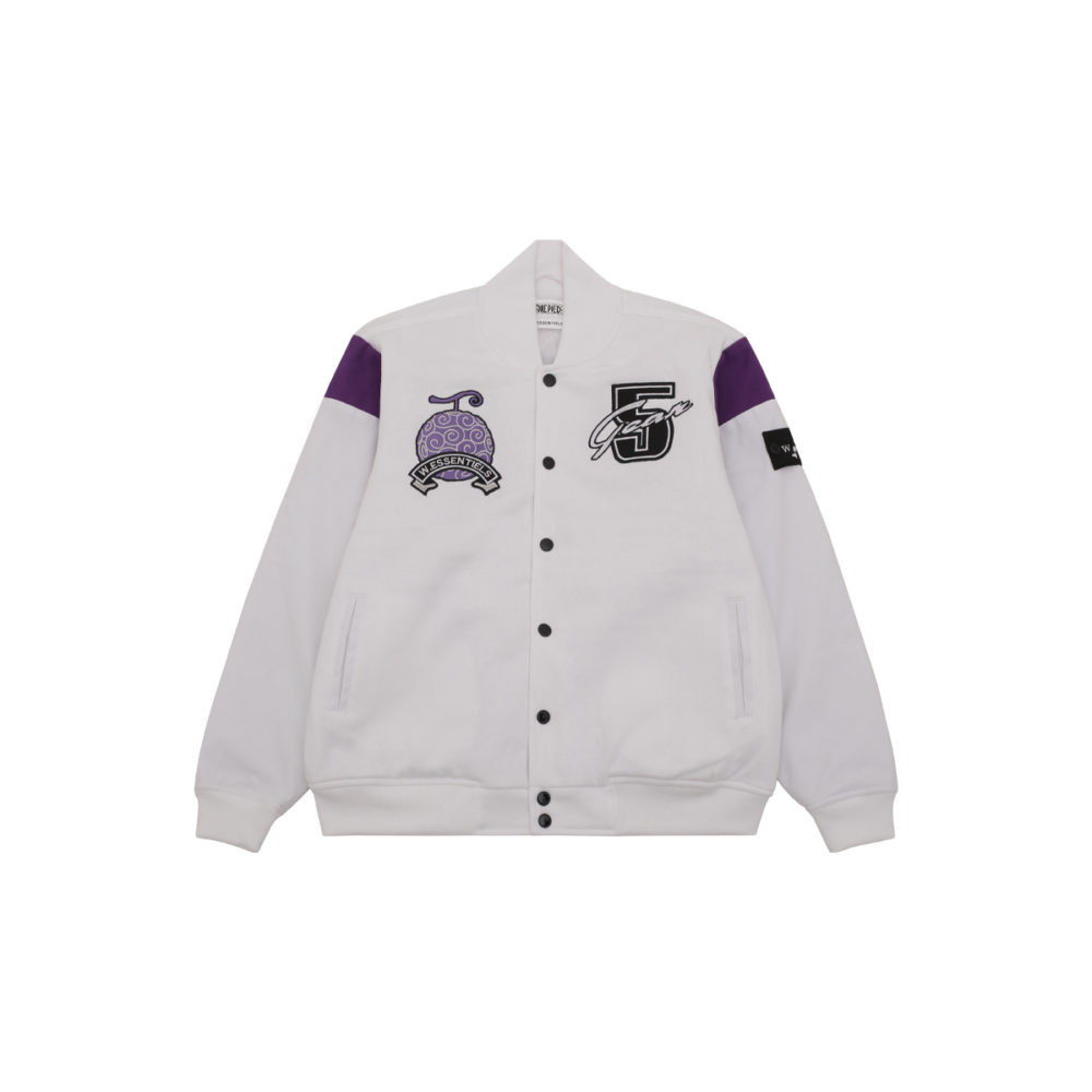 W.ESSENTIELS X ONE PIECE GEAR 5 COLLEGIATE VARSITY JACKET OFF WHITE/PURPLE - Image 2