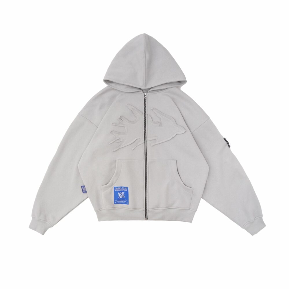 W.Essentiels Label Bleu Affinity Hirondelle Oversize Raw Embroidered Zip Hoodie Pewter Grey