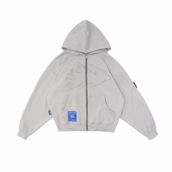 W.Essentiels Label Bleu Affinity Hirondelle Oversize Raw Embroidered Zip Hoodie Pewter Grey