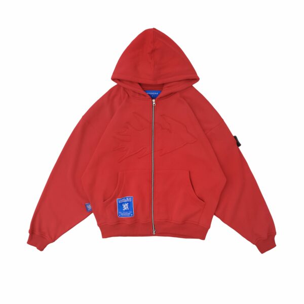 W.Essentiels Label Bleu Affinity Hirondelle Oversize Raw Embroidered Zip Hoodie Crimson Red