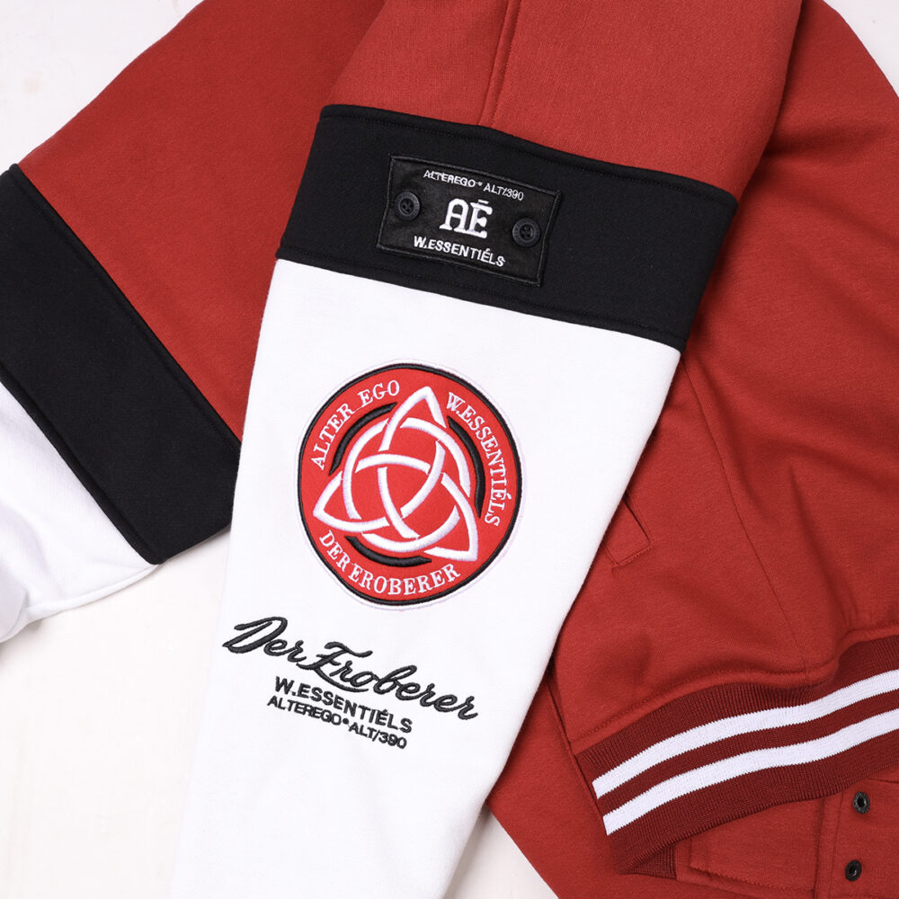 W.Essentiéls x Alter ego Obelisk Collegiate Varsity jacket Foxblood/Sand - Image 4
